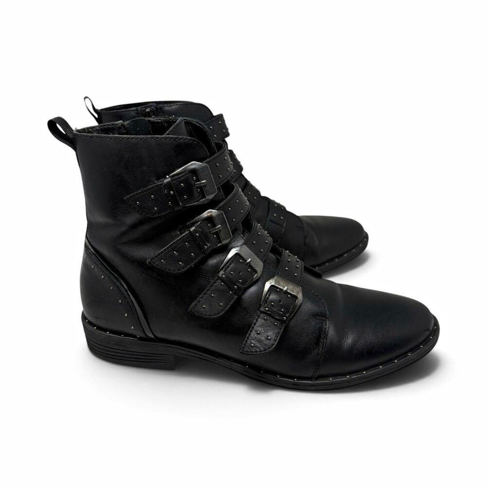 Steve Madden Pursue Black Leather Ankle Buckle Strap Biker Boot US 10 EU 41